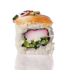  Single surimi uramaki sushi isolated on white background
