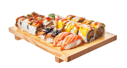  Wooden board of sushi food isolated on white background