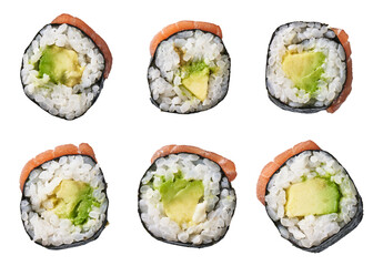  Group of avocado and salmon sushi maki isolated on white background