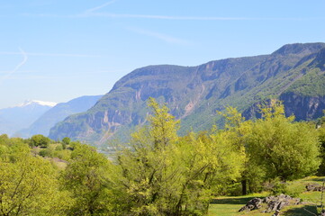 Beautiful landscape at Castelfeder in Southtyrol with mountains behind 