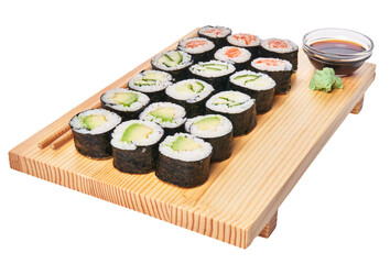  Wooden board with avocado, salmon and cucumber sushi makis isolated on white background
