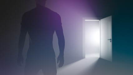 A man stands in front of an open door