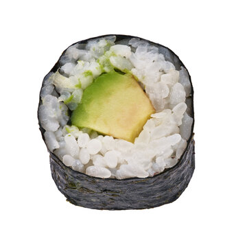  Single avocado sushi maki isolated on white background
