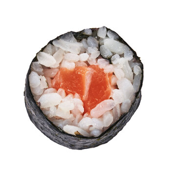  Single salmon sushi maki isolated on white background
