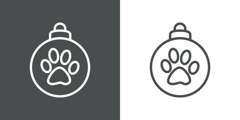 Decoración para árbol de navidad. Icono silueta de bola de navidad con pisada de gato o perro con líneas en fondo gris y fondo blanco