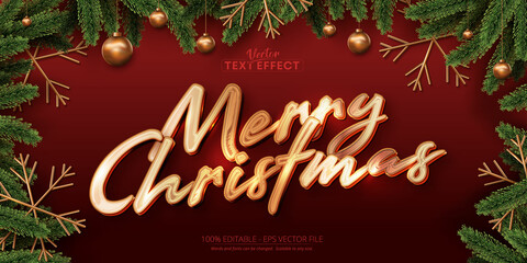 Merry christmas text, shiny gold color style editable text effect