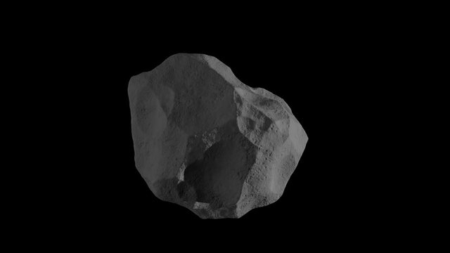 Gray asteroid, meteor flying in the space isolated on a black background with luma matte. Spinning stone 4K 3D render animation in slow motion.