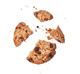  Delicious chocolate cookies flying isolated on a white background