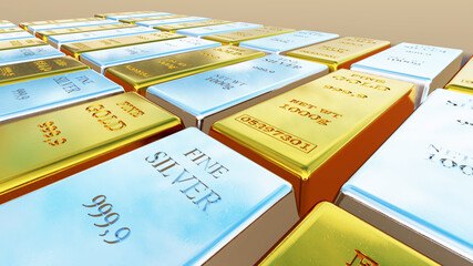 Rows of gold and silver bars stacked as a background. Business and finance wallpaper. 3D Rendering.
