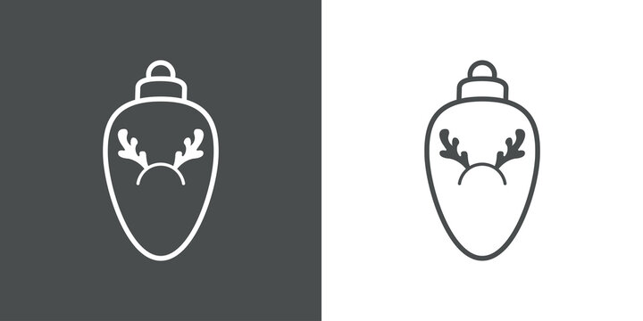Decoraci&oacute;n para &aacute;rbol de navidad. Icono silueta de bola de navidad ovalada con diadema de cornamenta de reno con l&iacute;neas en fondo gris y fondo blanco