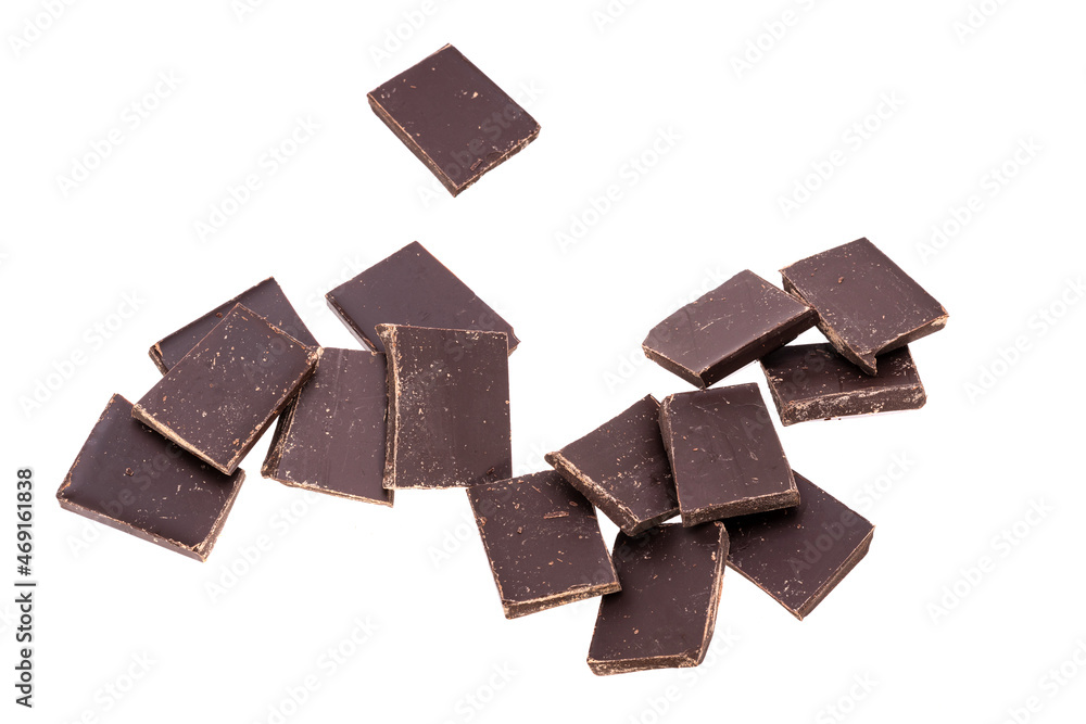 Poster rectangular pieces of dark chocolate isolated on white background
