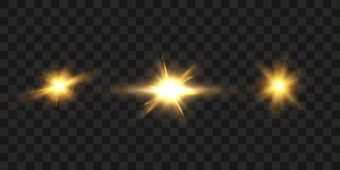  Realistic collection of bright light effects, sparkling stars on a transparent background. Vector