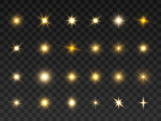  Realistic collection of bright light effects, sparkling stars on a transparent background. Vector