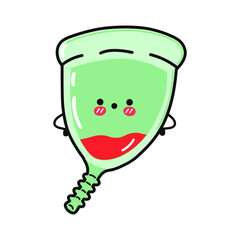 Cute sad menstrual cup character. Vector hand drawn cartoon kawaii character illustration icon. Isolated on blue background. Menstrual cup character concept