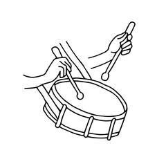 Beautiful hand-drawn black vector illustration of Two hands with drumsticks and one toy drum isolated on a white background for coloring book for children. musical instrument