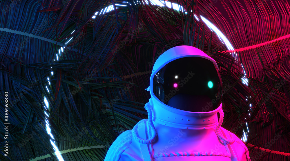 Wall mural futuristic space sci-fi abstract background with astronaut. digital pixel noise glitch art effect on