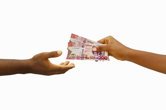 Hand giving 3D rendered Ghanaian cedi notes to another hand. Hand receiving money