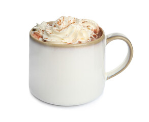 Cup of delicious hot chocolate with whipped cream  isolated on white