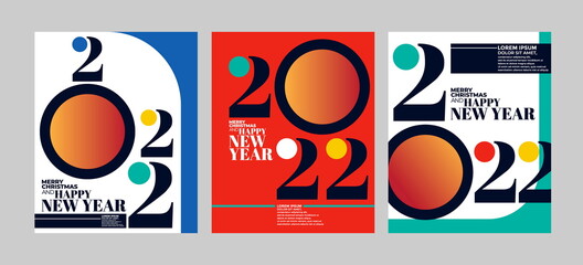 Fototapeta premium 2022 Colorful set of Happy New Year posters. Abstract design with typography style. Vector logo 2022 for celebration and season decoration, backgrounds for branding, banner, cover, card and more.