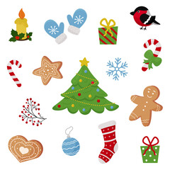 Set of items for Christmas and New Year. Gingerbread man, ginger cookies, spruce, socks, gifts, snow, candle