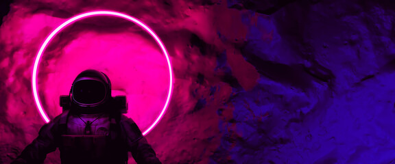 Astronaut with Colorful Visor and White Spacesuit with Pink and Blue Moody 80s lighting Front, Neon Circle. 3D Rendering.