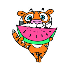 Funny tiger eating watermelon, vector design for stickers on a social network