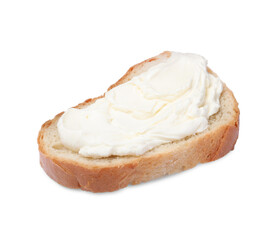 Slice of bread with tasty cream cheese isolated on white