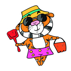 Funny tiger in sunglasses with a shovel and bucket, vector design for stickers on a social network. emotions