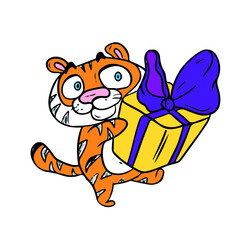 Funny tiger with a gift box, vector design for stickers on a social network