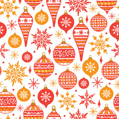Christmas and New Year seamless pattern with differnt balls and snowflakes. Vector illustration.