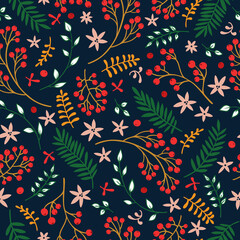 Floral seamless pattern with leaves, berries, flowers. Vector illustration..