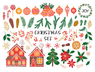 Christmas and New Year decor elements set. Floral elements, balls, houses, fir tree, holly, berries, sweets, orange, cinnamon, snowflakes. Vector illustration.