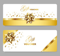 Gift voucher with gold bow, confetti and border. Holiday card template set. Vector illustration.