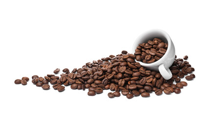 Overturned cup with roasted coffee beans on white background