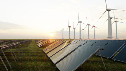 ULTRA HD. Solar power plant and windmills. Renewable energy, green tech. Green energy, renewable energy concept. © adobedesigner