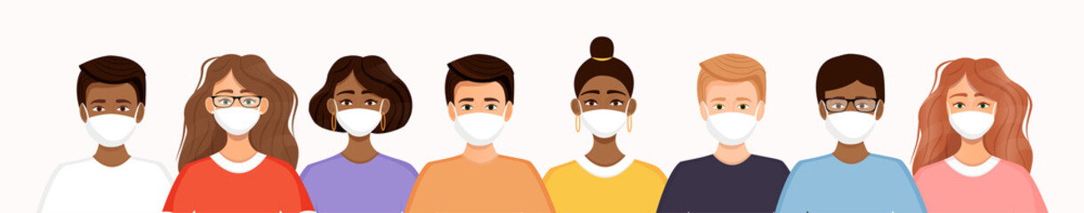 Group of men and women stand in a row wearing medical masks to prevent coronavirus, flu, air pollution, viruses and disease. Social diversity. Vector illustration.
