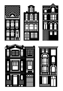 Laser cutting template of houses. Set of silhouettes. Amsterdam old houses facades. Die cut christmas town isolated on white. Baroque Houses papercutting. Wood carving vector. 