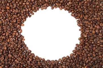 Frame of roasted coffee beans on white background, top view