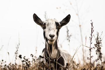 the goat is black and white looking at the camera.The concept of agriculture
