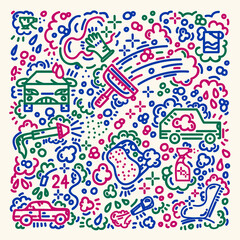 Vector background associated with a car wash. Includes icons such as car washing, glass polishing. Cartoon pattern for car wash. Vector illustration