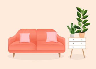 Modern living room interior with furniture and home plants. Design of a cozy room with a sofa, plants and decor items. Vector flat style illustration. lounge room.