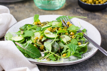Vegetarian salad with cucumber, peas and arugula, mizuna and chard leaves and fork on a plate on the table. Vitamin and healthy food. Flexetarian diet. Close-up