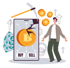 Cryptocurrency bitcoin mining online internet investment finance exchange concept. Vector flat cartoon design illustration