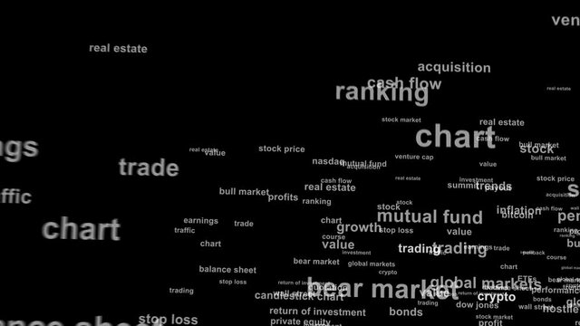 Animated words from the world of finance and the stock market, camera flying through words in 3-D space. Word Cloud
