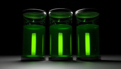 Radiation banks. Radioactive materials stored in a green liquid.