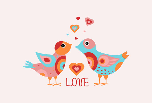 Vector Cartoon birds with hearts. Bright abstract birds. Design of postcard, banner Valentine's Day. Illustrations on an isolated background.