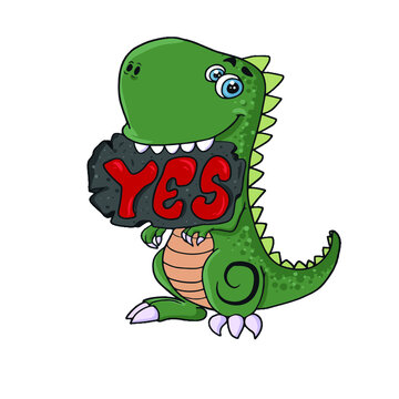 Funny dinosaur with a sign with the text yes, vector design for stickers on the social network 