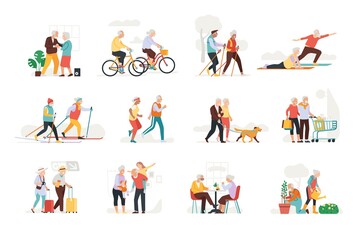 Fototapeta na wymiar Elderly people activities. Active pensioners. Senior couples relax. Family dance and do sports. Old persons walk and travel. Grandparents healthy lifestyle. Vector leisure actions set