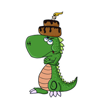 Funny dinosaur with a cake on his head, vector design for stickers on the social network.