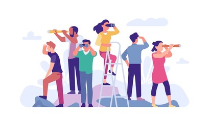 Goal search. People looks different directions through binoculars and spyglasses. Men and women peer into distance. Persons find opportunities in future. Forward vision. Vector concept - obrazy, fototapety, plakaty